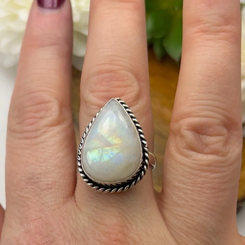Top Quality Rainbow Moonstone Ring Size 8 3/4 Pear Sterling Silver 925 Overlay